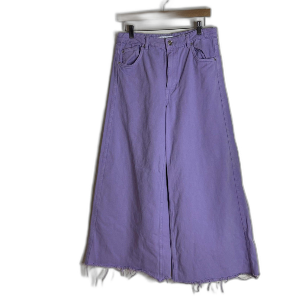 Bershka Jeans Womens‎ 8 Purple Maxi Wide Leg High Rise Raw Hem Denim Relaxed